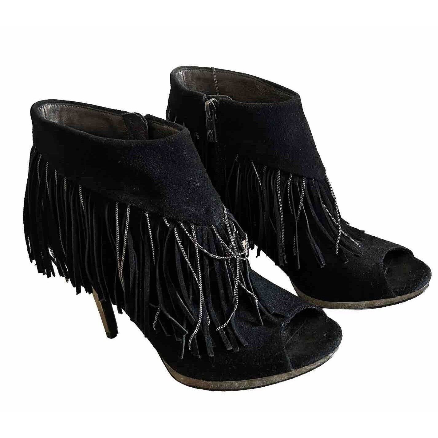 Libby Edelman Women's Bellamy Black Suede Fringe Peep-Toe Silver Lining Boots 8